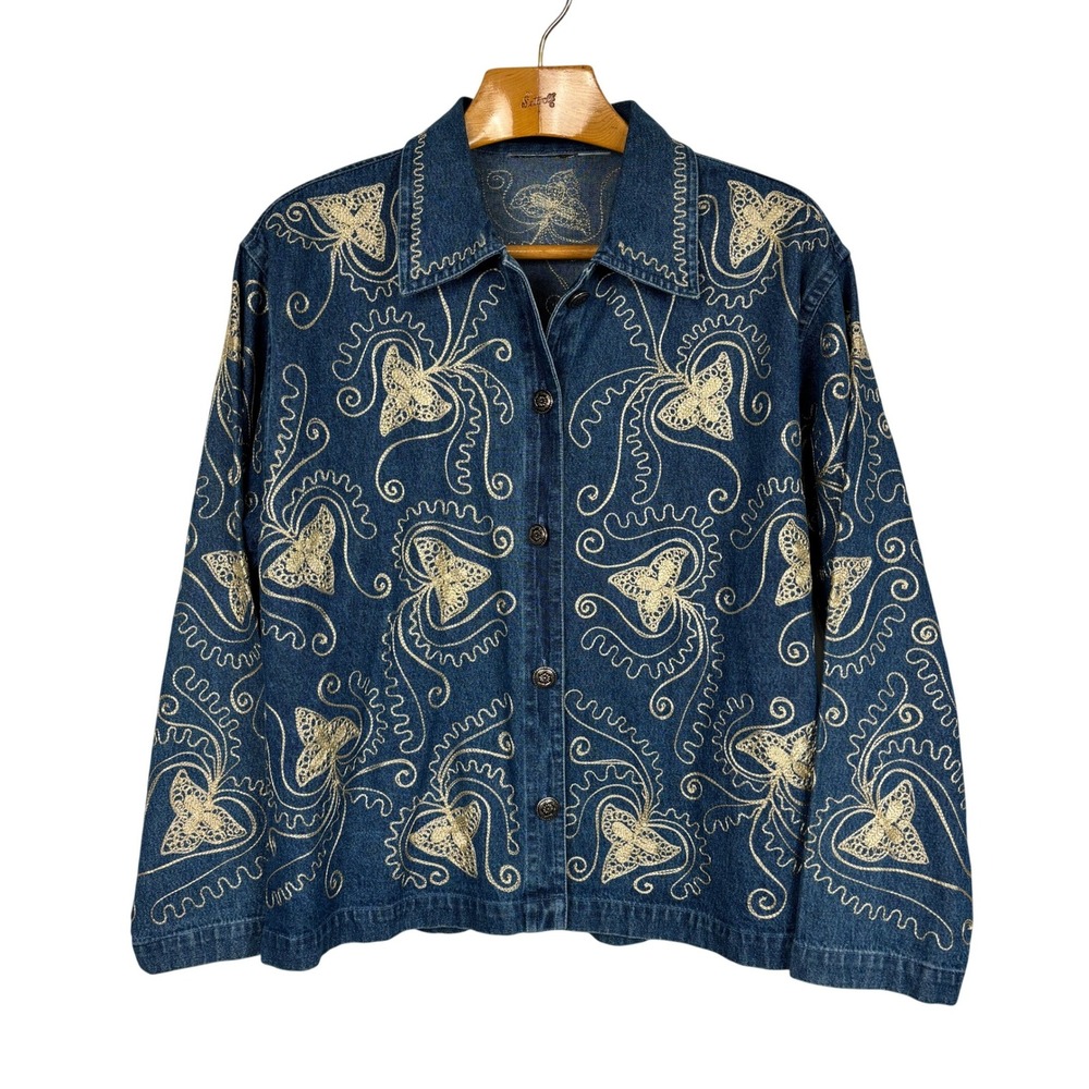 Embroidered Denim Shirt Jacket Womens XL Blue Boho Western Scrollwork